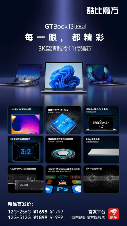 酷比魔方 GTBook13 Pro 笔记本发布：13.5 英寸 3K 屏，首发 1699 元起