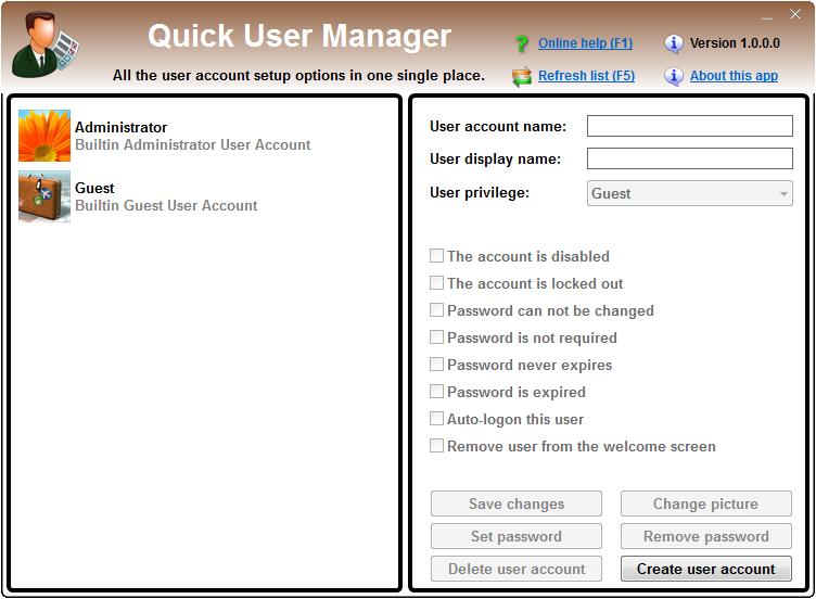 Quick user manager(系统用户管理工具) V1.0.0.0 英文绿色版
